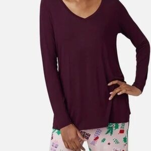 Hue DEEP BURGUNDY Women S Long-Sleeve V-Neck High-Low Pajama Top SIZE  L NWT